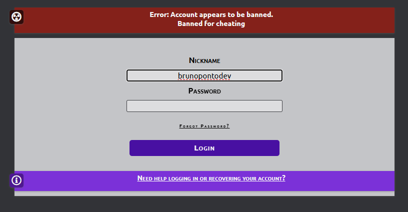 Tela de login dizendo que minha conta havia sido banida