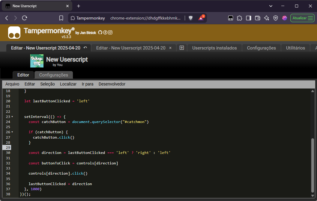 Interface da extensão Tamper monkey com o script nela